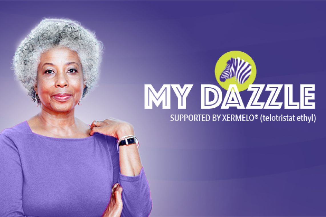 My Dazzle logo; actor portrayal of female patient with gray hair wearing bright purple shirt